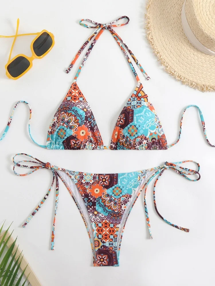 

Bikini Women Swimsuit 2025 New Print Halter Lace Up Bikinis Set Sexy High Waist Swimwear Summer Beach Wear Bathing Suit Female