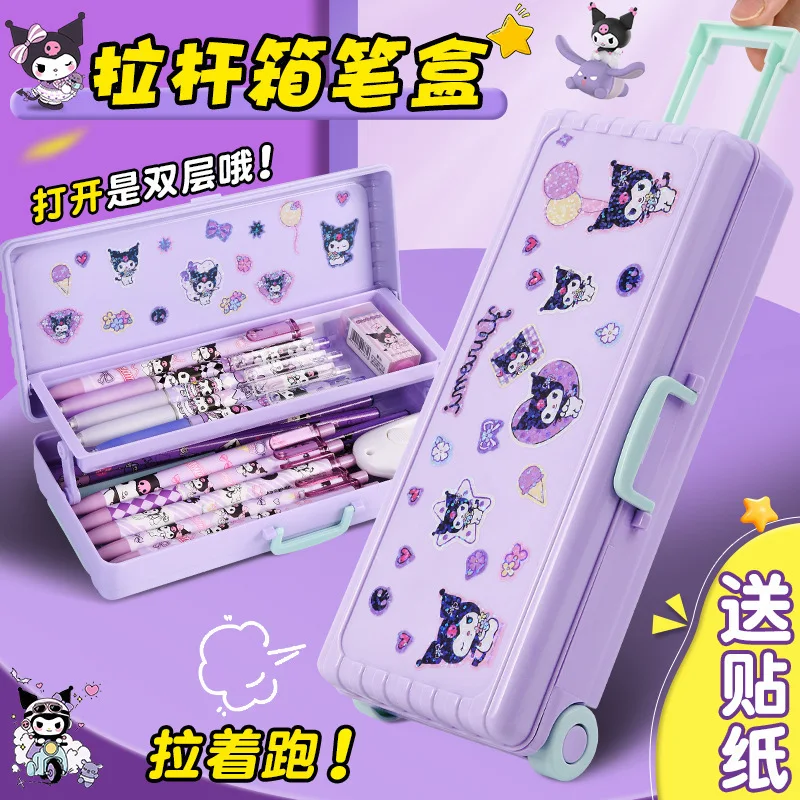 Sanrio New Student Stationery Cartoon Kuromi Trolley Box Stationery Box Large Capacity Double Folding Pencil Case Charm Gift