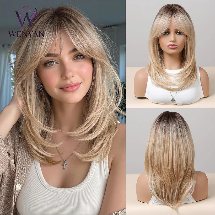 14 Inches Long Straight Blonde Layered Synthetic Hair Wigs for Women with Dark Roots for Daily Party Use