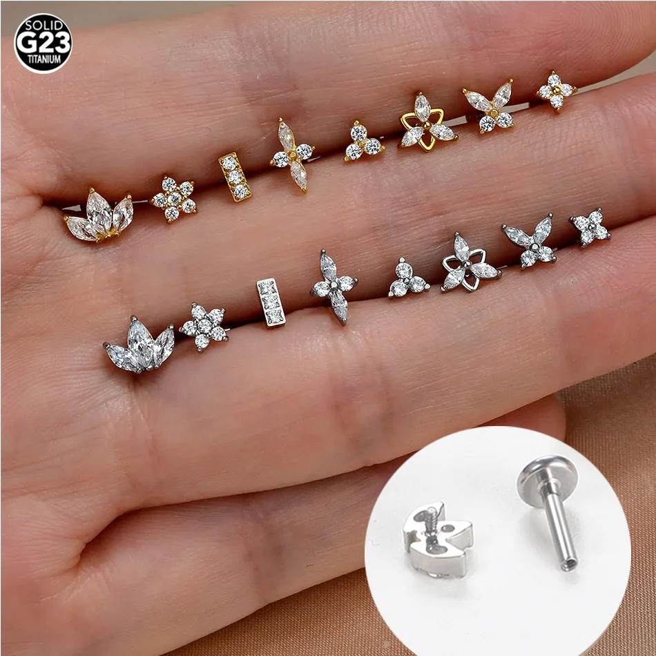 1pc ASTM F136 Titanium CZ Piercing Stud Earring for Women 16G Internally Threaded Tragus Helix Cartilage Couch Lobe Body Jewelry