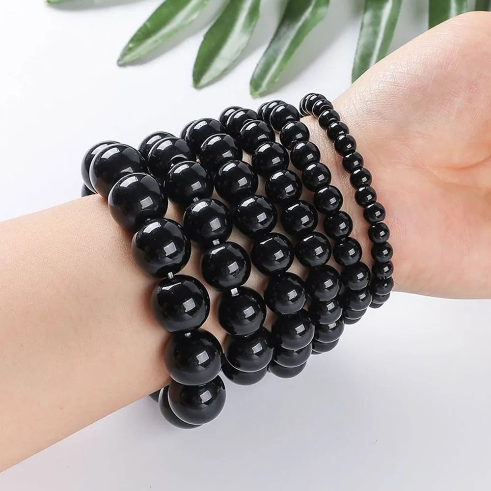 Pulsera de cuentas de obsidiana de 6/8/10/12/14mm para hombres y mujeres, pulsera Unisex Feng Shui, pulsera de la suerte curativa energética, joyería
