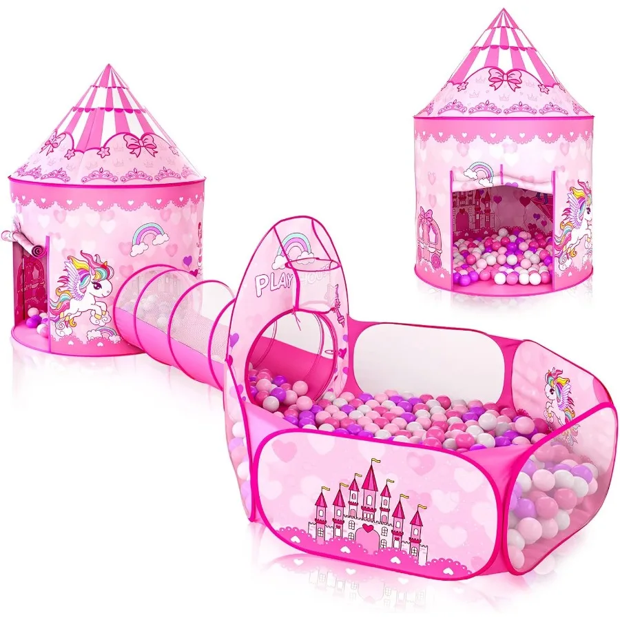 3-teiliges Spielzelt für Mädchen mit Bällebad, Krabbeltunnel, Prinzessinnenzelte für Kleinkinder, Baby Space World, Spielhaus, Spielzeug, 3-teilig, Prinzessin Dre