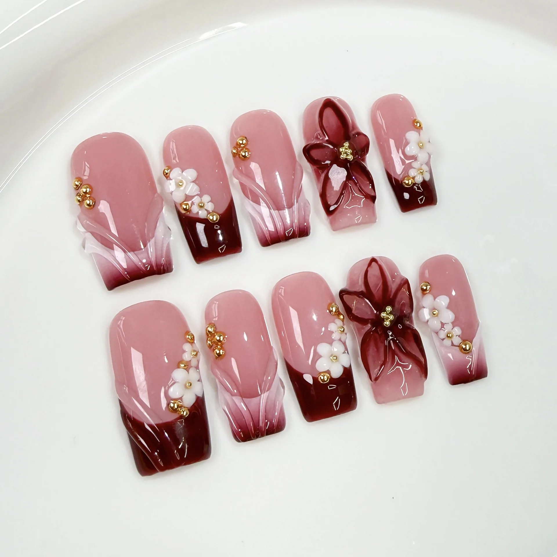 10Pcs Mid-length Square Head Handmade False Nails Wine Red Smudge French Press on Fake Nails 3D Flower Detachable Manicure Tips