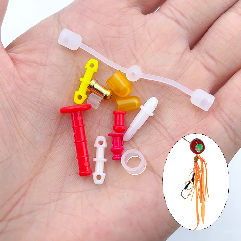 20pcs Jig Assist Hook Slide Parts Snapper Silicone Skirts and Rubber Tie Fixed Parts Saltwater Fishing Tackle Jig Lure Accessory