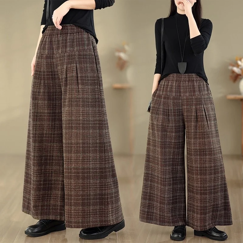 

Модные широкие брюки в клетку большого размера для женщин, осень-зима 2026, прямые брюки с эластичным поясом, хорошее качество W1690