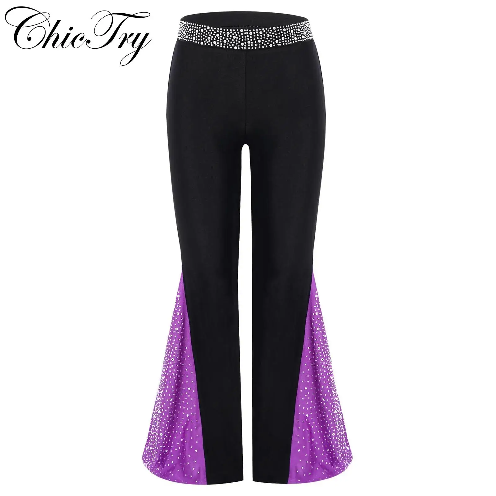 

Kids Girls Ballet Dance Pants Figure Skating Performance Costume Children Trousers Rhinestones Color Block Bell-Bottomed Pants
