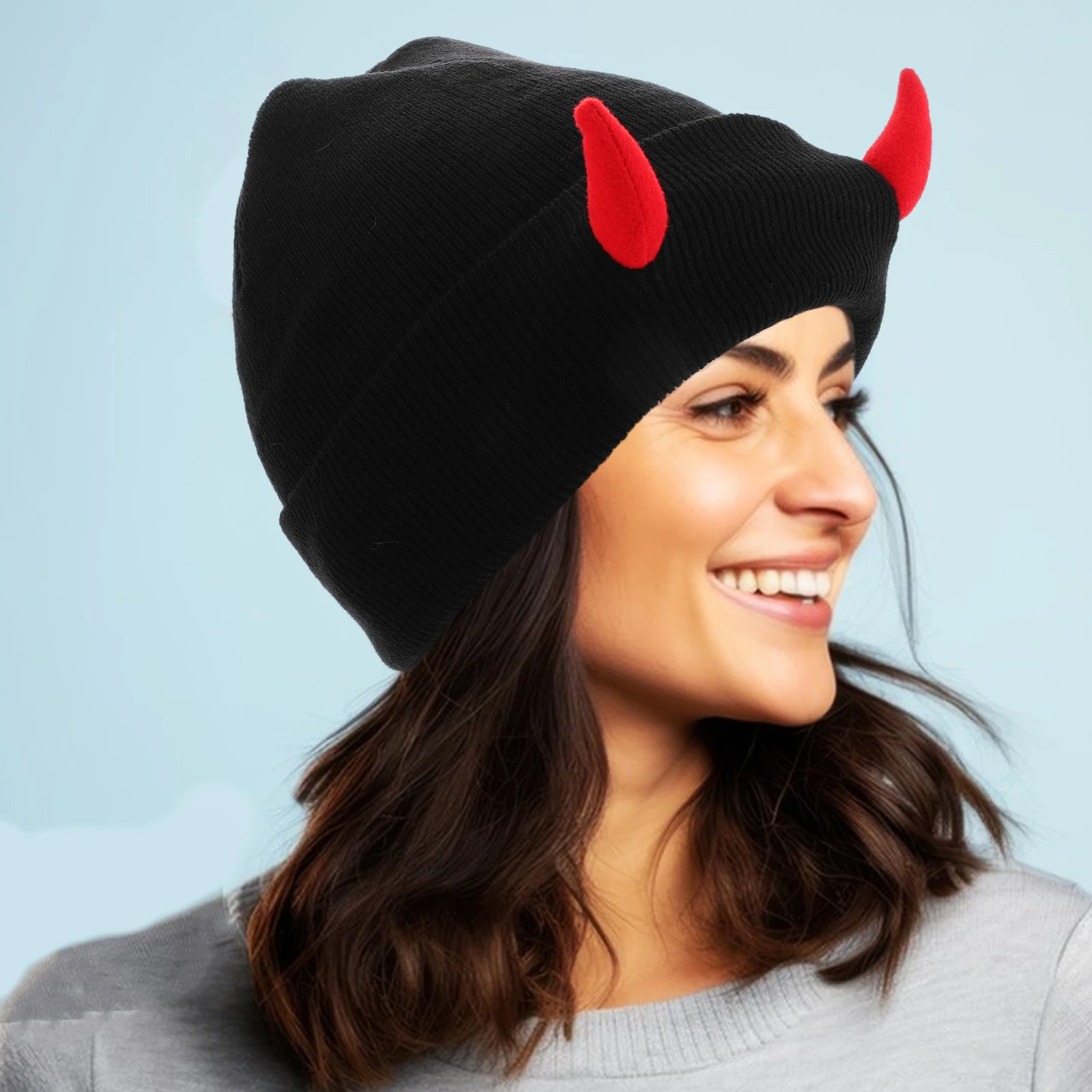 

Warm Demon Horns Beanie Knit Bucket Cap For Halloween Party Outdoor Ski Costume Funny Hat For Women Men Crochet Warm Cap