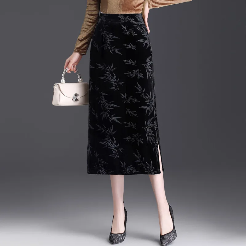 

2023 Autumn Mid Length Printed Slim Fit Straight Skirt for Women High Waist Side Split Fashion Elegant Half Skirt