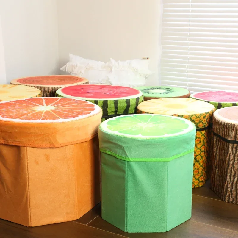 Folding Storage Organizer Ottoman Stool Cute 3D Fruit Velvet Children Toy Storage Box Footstool Seat Creative Fruits Pattern