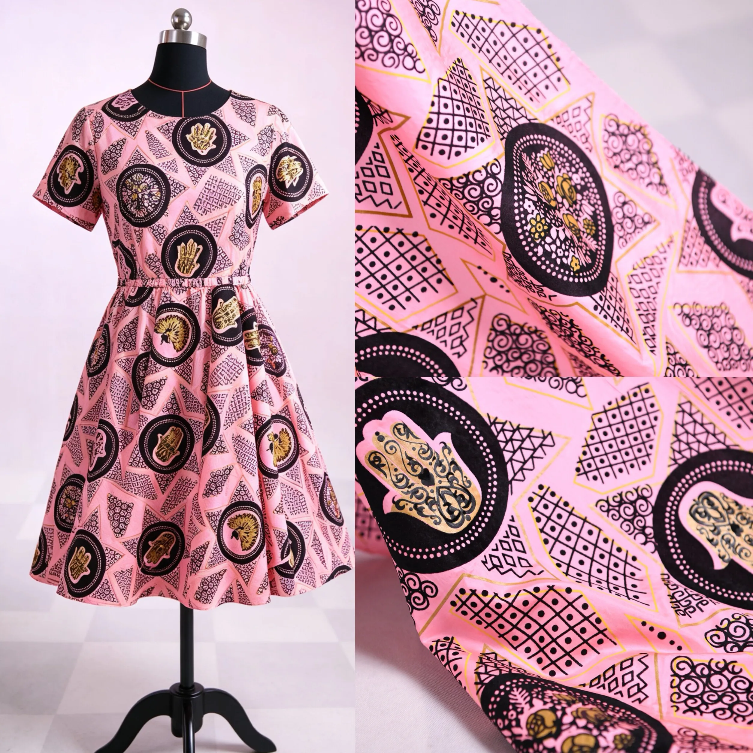 3m Txl Exotic Hamsa Hand Totem Silk Flocking Hangzhou Crepe Fabric, Brand Order, 3D Flocked Print, Mystic Floral Shadow Pattern