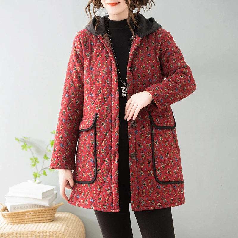 Middle-aged Women Down Cotton Jacket Autumn Winter floral cotton cloth Warm Plus Velvet Coat Old People Hooded Outerwear