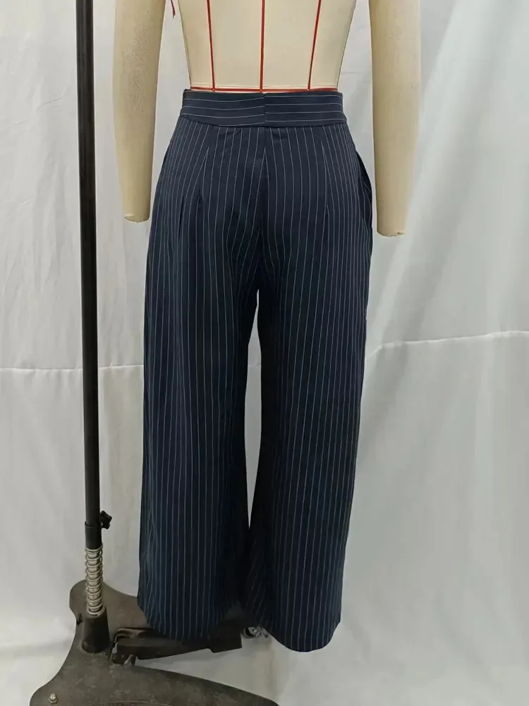HH Women Autumn Fashion Vintage Wide-leg Long Pants Female High Waist Striped Pleated Pocket Design Loose Casual Trousers