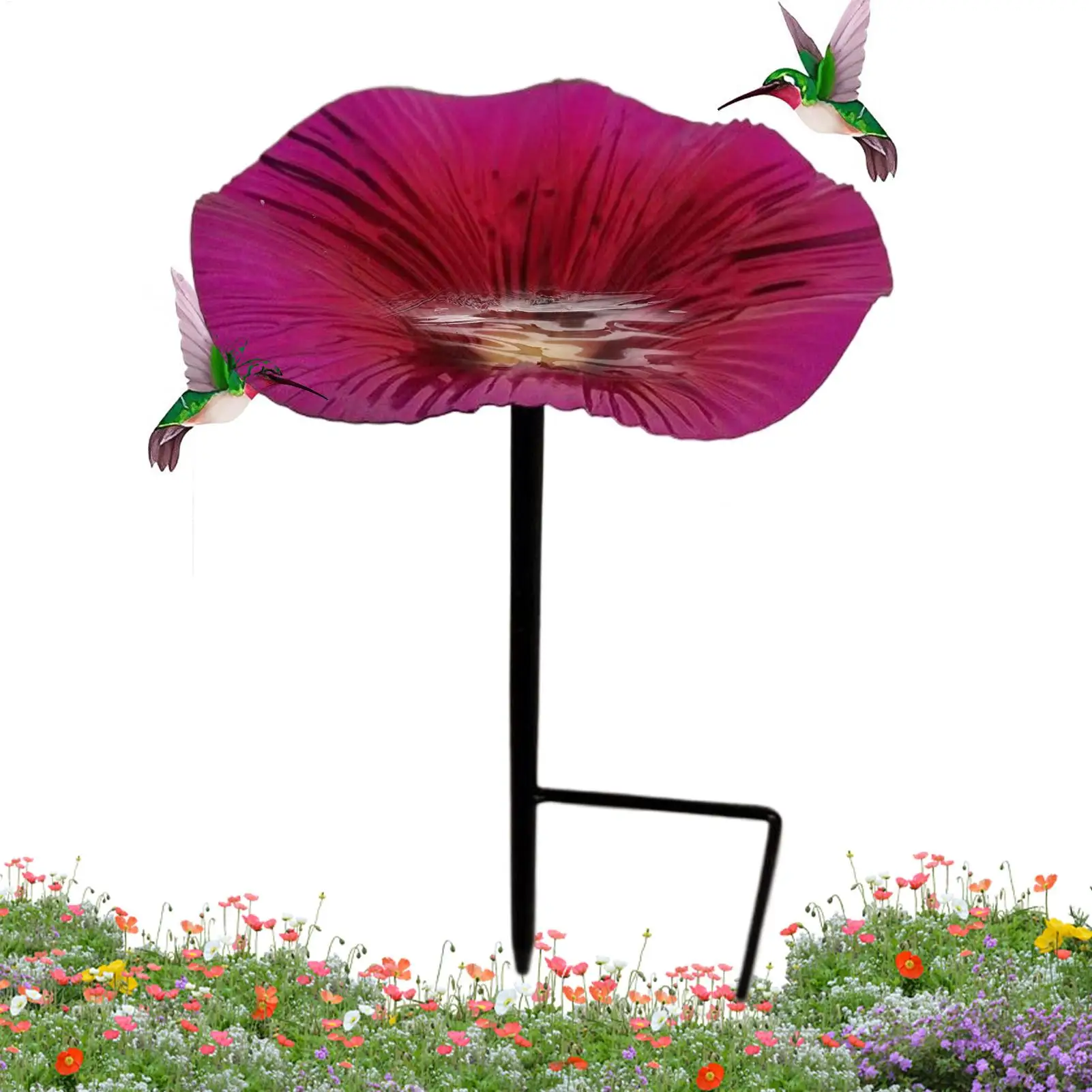 Outdoor-Vogelbad mit Stange, Blumenförmiger Wasserspender, Dekorative Fütterungsstation mit Metallpfahl, Ästhetische Gartendekoration