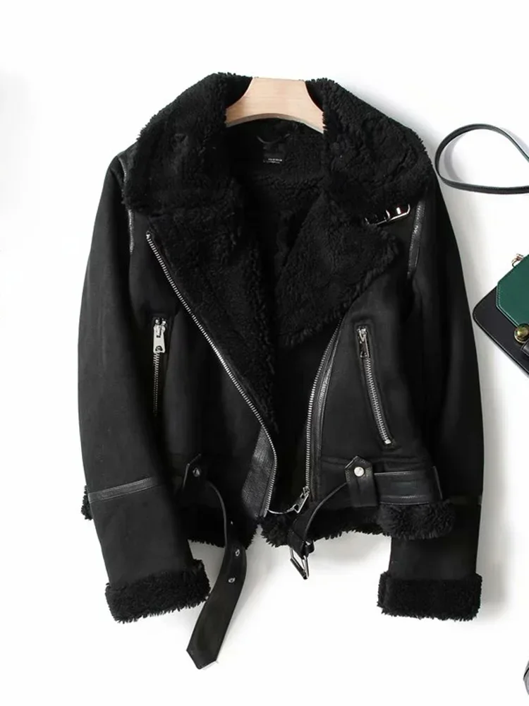 Winter Faux Leather Jacket Women Punk Suede Fur Coat Biker Motorcycle Jacket Warm Black Outerwear ED1838