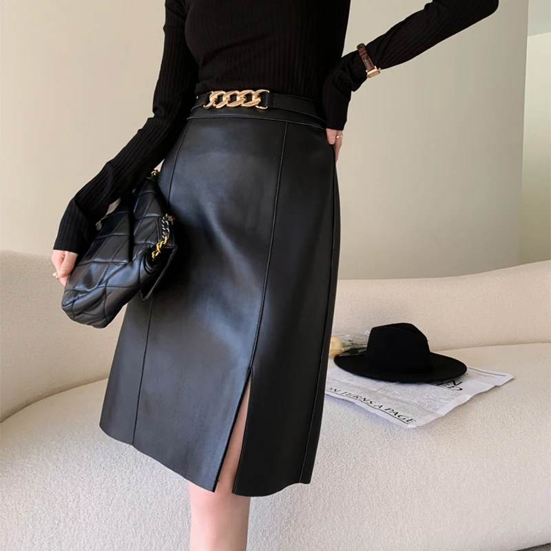 Winter Women Genuine Leather 65cm Long Wrap Skirt OL Sexy Black Female Ring Belt High Waist Faldas Mujer