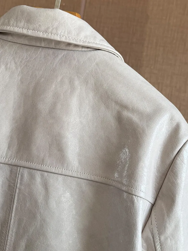 Giacca corta da donna in vera pelle moda colletto couverture tasca vera pelle di pecora ufficio signora moto cappotto in cera d'olio capispalla