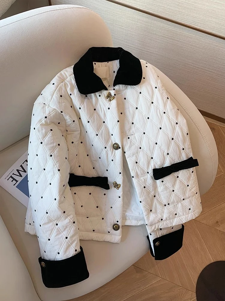 

Trendy Patchwork Diamond Pattern Cotton Jaet Men's Women's Autumn Winter Design Sensation Color Colion Stand Collar Coat