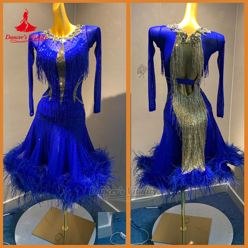 Two Colors Matching Chacha Samba AB Stone Long Sleeves Feather Lower Hem Dress Custom Dancer's Vitality Adult Latin Dance Clothe