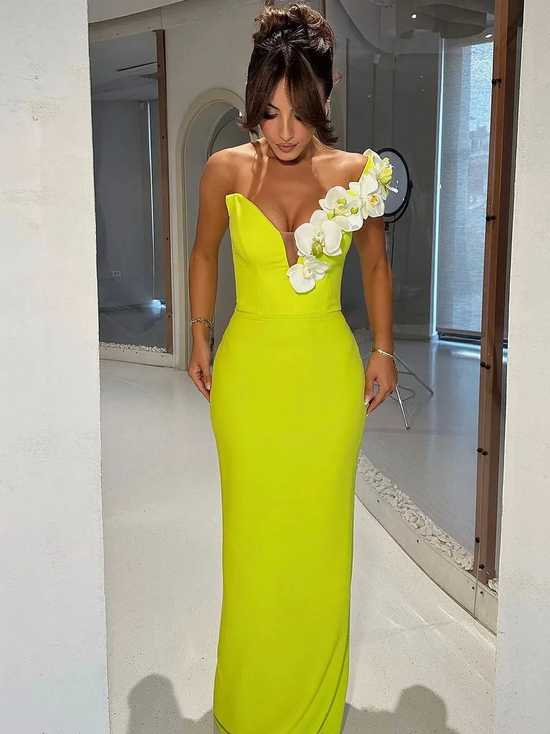 Brand New Ins Women Strapless Flower Neon Green Long Bandage Bodycon Dress High Street Evening Party Dress Vestido