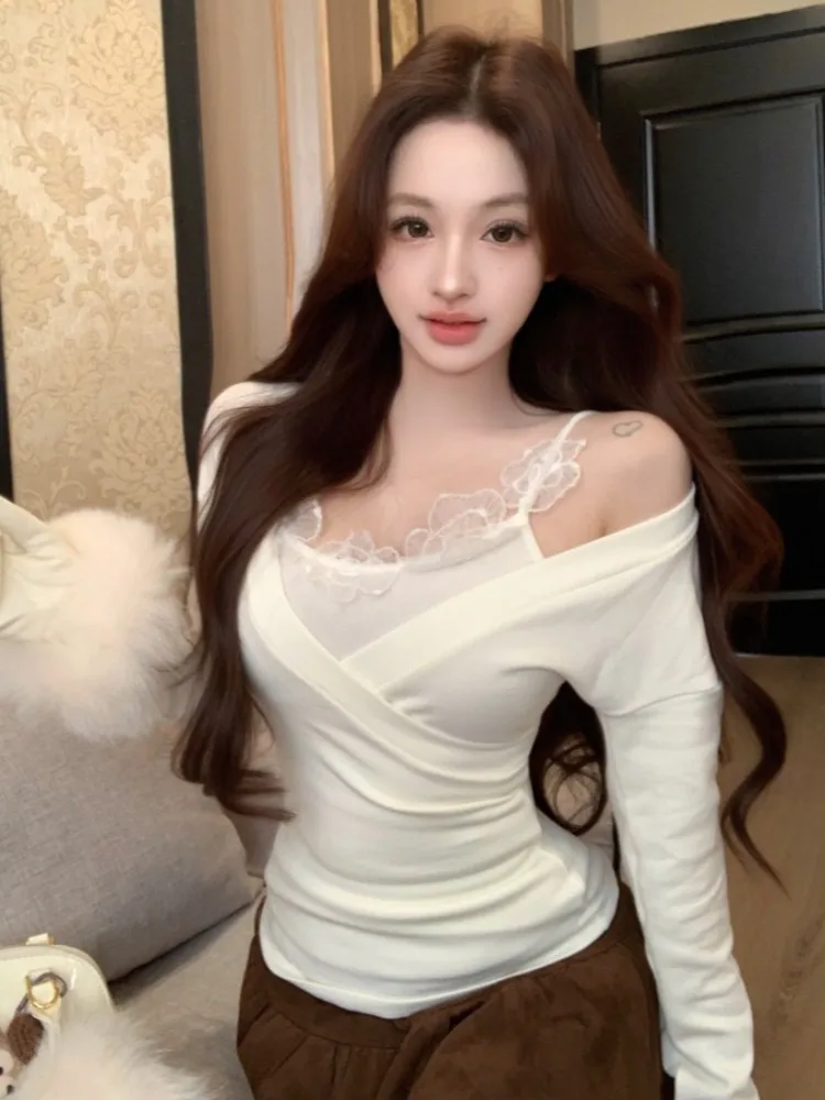 

Sexy Lace Floral Cross V-Neck Long Sleeve Top Women's Winter Knitted Two-Piece Set Breathable Comfortable Citywalk Outfit