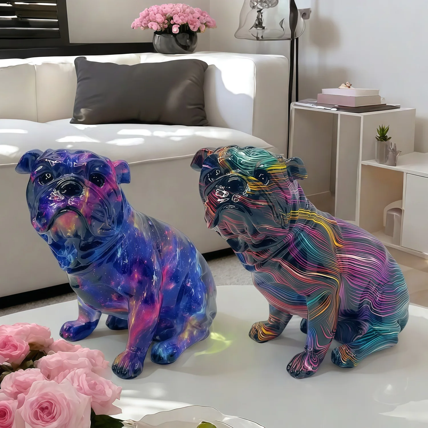 Luxury Iridescent Tilted Head Bulldog Statue Resin Figurine Home Decor Living Room Entryway Desktop