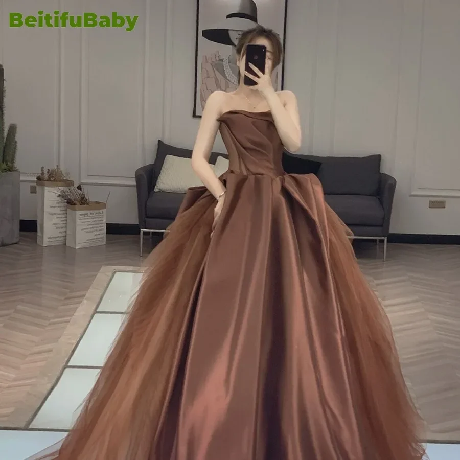 BeitifuBaby Retro Evening Dress for Women Elegant Strapless Off-shoulder Long Fluffy Ball Gown Wedding Party  Banquet Dresses