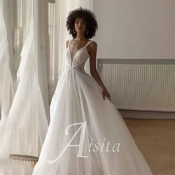 Classic A-Line Bride Dresses Strapless Sleeveless Wedding Dresses For Woman Pearls Appliques Wedding Dress Vestidos De Novia