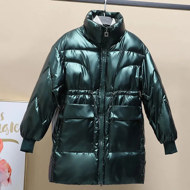 Women No Wash Down Cotton Jacket Medium To Long Korean Version 2024 New Cotton Jacket, Female Winter Shiny Loose Cotton Jacket