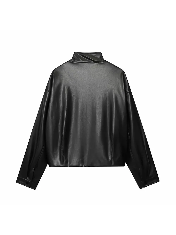 Donna 2025 Nuovo Autunno Casual Chic Bomber Giacca in pelle solida Bottoni Dolcevita Tasche Manica lunga Cappotti corti Cappotti di moda