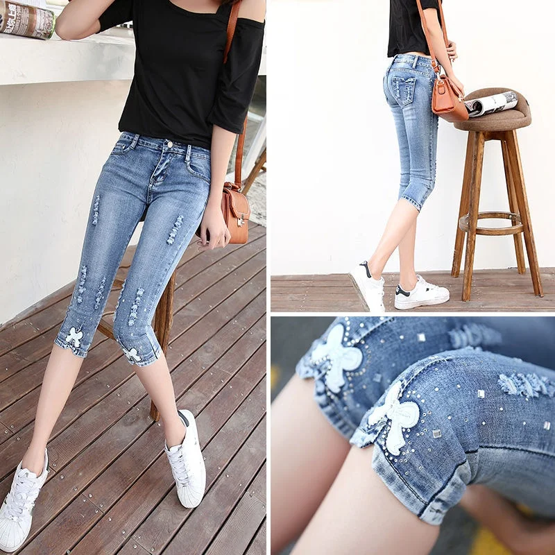 Women's Capris Jeans Pants Summer High Waist Short Trousers Streetwear Stretch Skinny Calf-LengthPencil Denim Pants