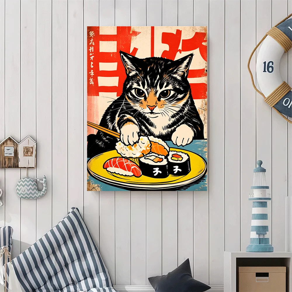 1PC-Unframed Canvas poster wall decoration  Cat Eating Sushi Japanese Style Art Poster Print