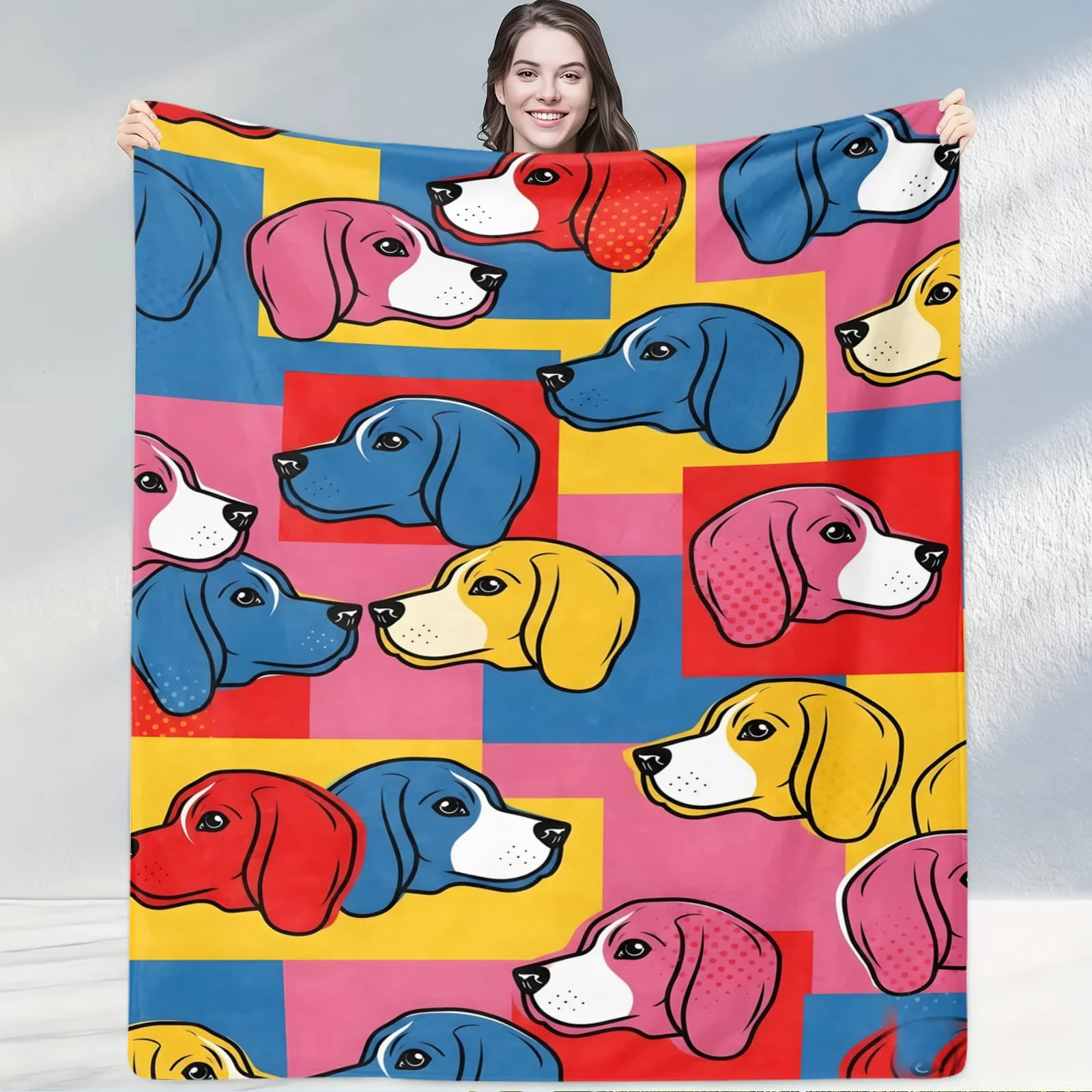 

Фланелевое одеяло с коллажем портретов биглей в стиле колор-блок: яркое и стильное постельное белье для спален и гостиных, идеально подходит для любителей биглей