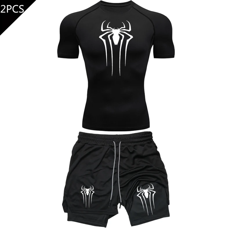 Men's Workout Compression Set Y2K Spider Printed Gym Tshirts Breathable Running Shorts Quick Dry Sports Rash Guard Sportwear Set image 4