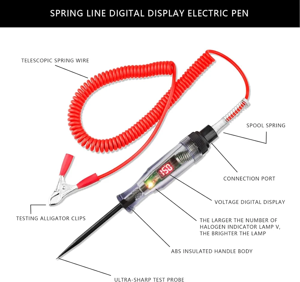 Test Light Automotive Circuit Tester 3-48V DC Digital LCD Display Prolong Spring Cable for Sedan,SUV,RV,Truck,Lawn Mower