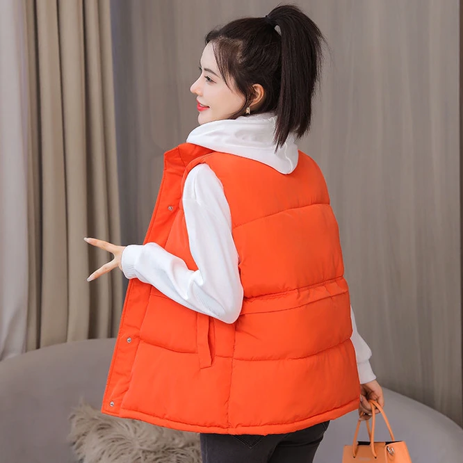 2023 Autumn Winter Women Solid Loose Vest Stand Collar Long Vest Jacket Cotton Padded Women Windproof Warm Waistcoat Blue