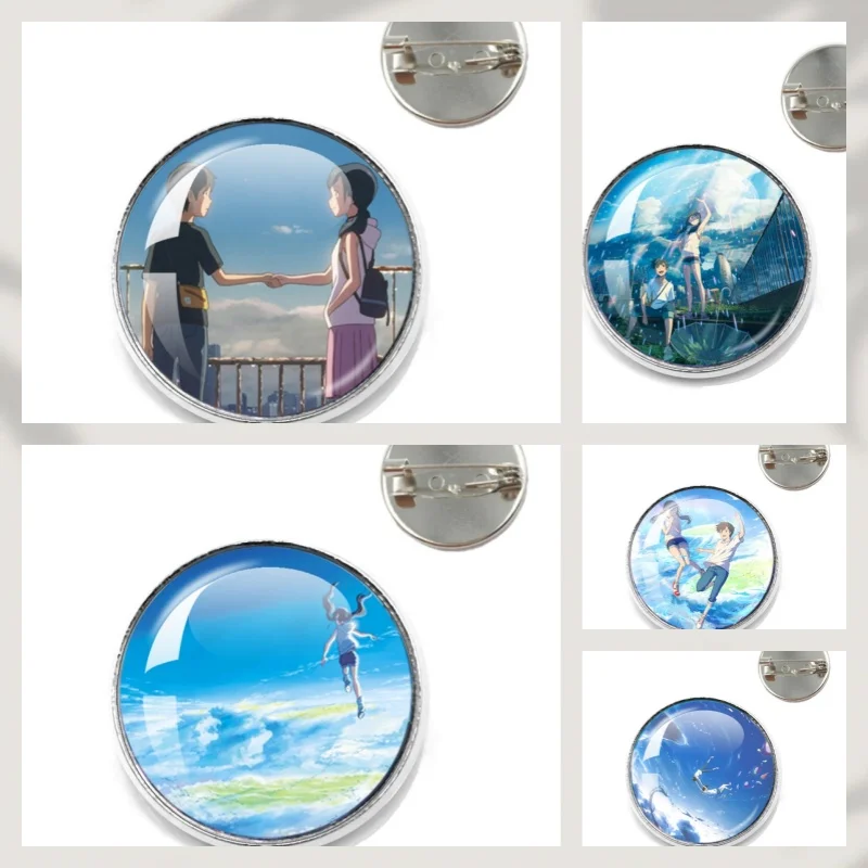 New Style Anime W-Weathering with you Character Hodaka and Hina 20mm/25MM Silver-Plated Brooch Glass Handmade  Jewelry Gift