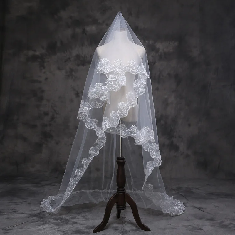 Women Lace Edge Wedding Veil Long 150cm Tulle Veil White 1 Layer Cathedral Soft Headscarf For Bride Bridal Photography Props