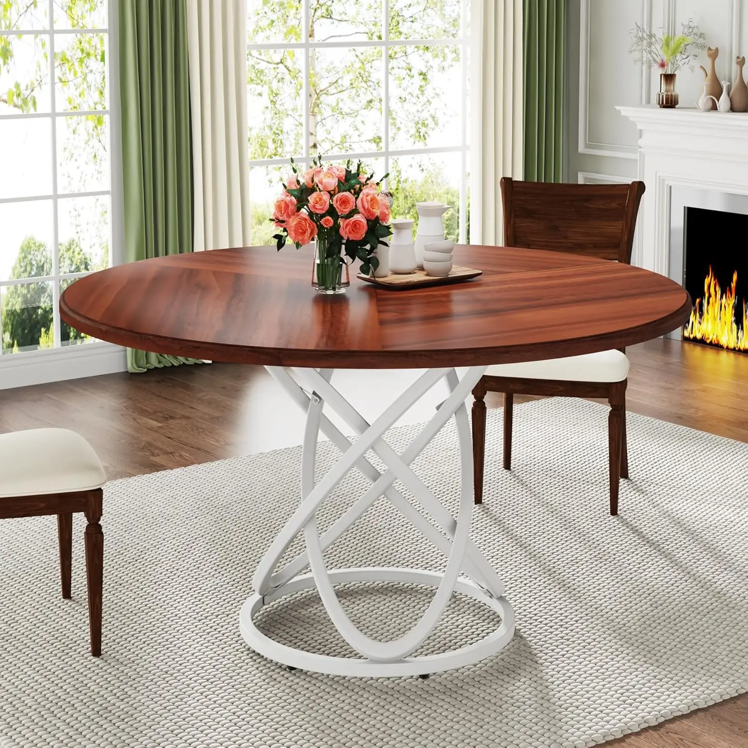 Round Dining Table for 4, 47 Inch Modern Kitchen Table Dining Room Table, Dinner Table with White Metal Base for Kitchen