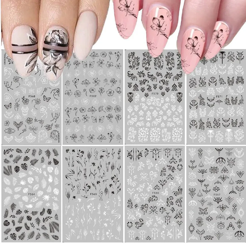 6pcs/Set 3D Black White Nail Art Stickers  Flowers Leaves Butterfly Geometry Nail Decals Transfer Adhesive Sliders Manicure Deco