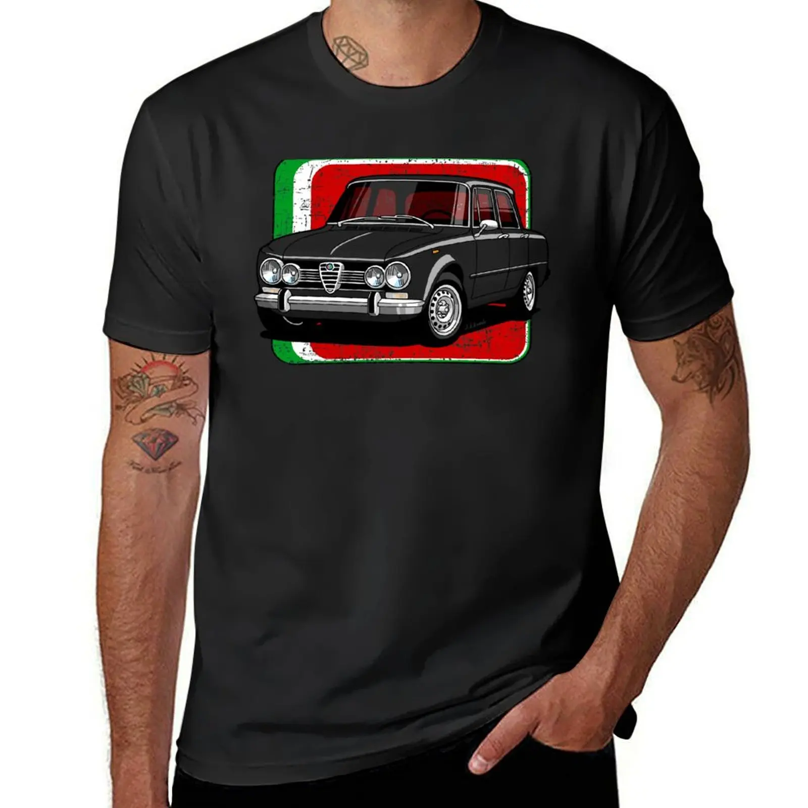 

The iconic classic Italian sports saloon with red flag background T-Shirt funnys tops mens t shirt