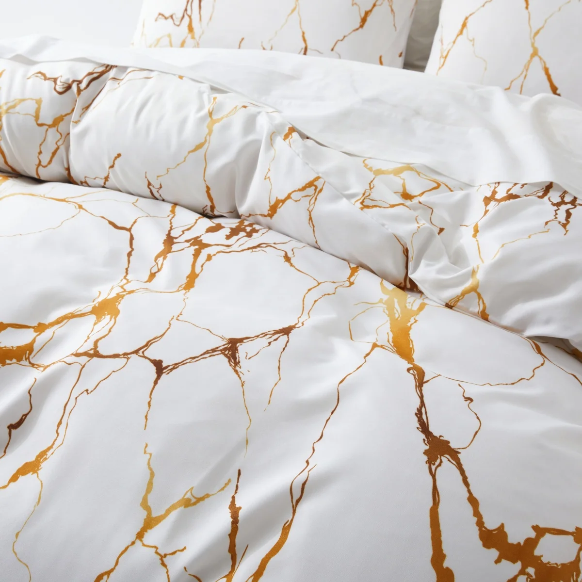 White Gold Marble Duvet Cover Queen,Modern Abstract Comforter Cover with Pillowcase for Teen,Kids Watercolor Artwork Bedding Set