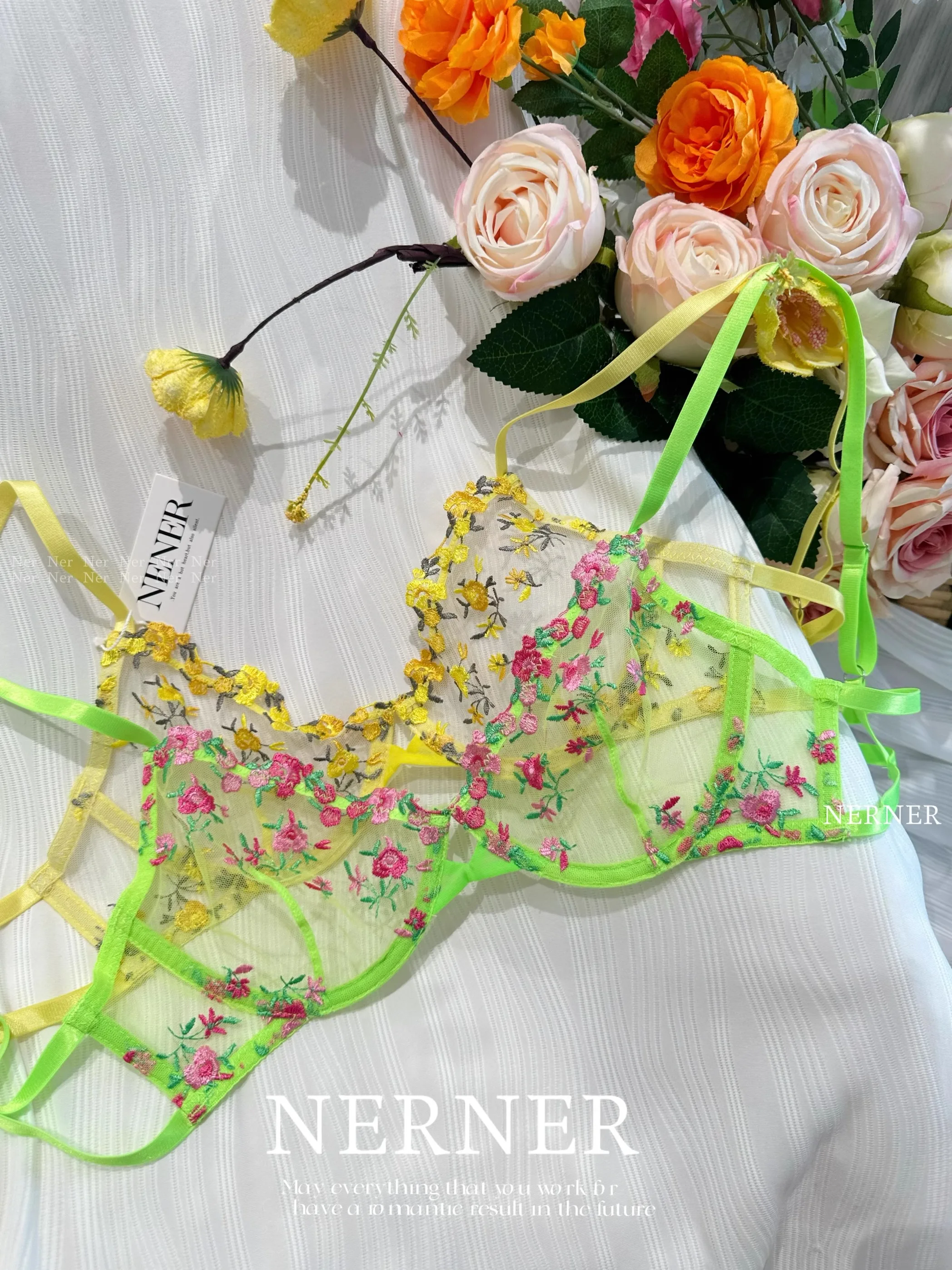 

Super fine floral embroidery underwear bra sets sexy semi see-through lingerie set bra gathering large size bralette