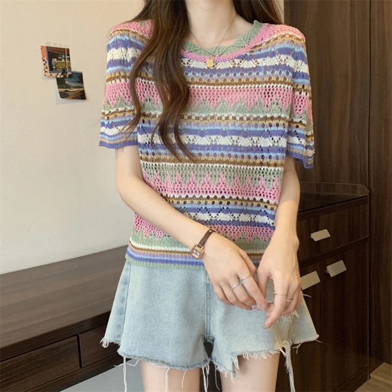 Women Short Sleeve Tops Summer Crocheted Knit Blouses T Shirt Hollow-Out Sweater