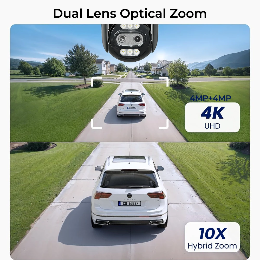 Dual Lens WiFi PTZ Outdoor Camera Optical Zoom Human & Vehicle Detect Auto Tracking Color Night Vision Security IP Cameras Camhi