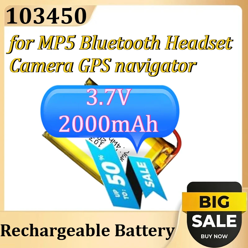 

103450 jst PH 2.0mm 2pin plug Polymer Lithium Rechargeable Battery for MP5 Bluetooth Headset Camera GPS navigator 3.7V 2000mAh