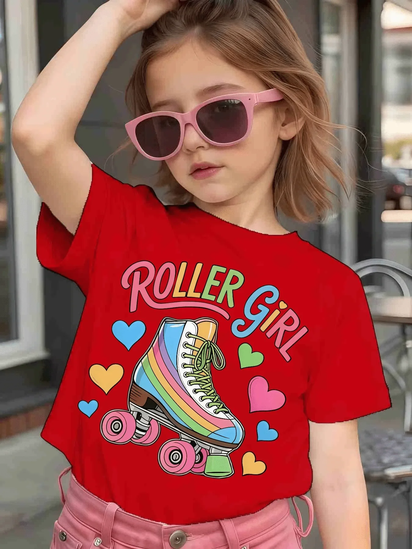 Cute Roller Girl Skate Heart Graphic Tee for Kids - Boys & Girls Cotton Crew Neck Short Sleeve Soft Casual Summer Top