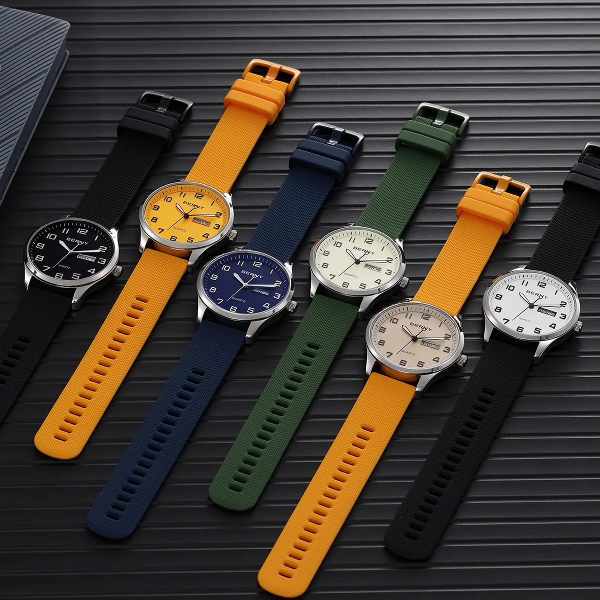 BERNY Men\'s Watches Luminous Calendar Week Quartz Men Watch Casual Soft Silicone Strap Easy Read Big Dial Sports Wristwatch