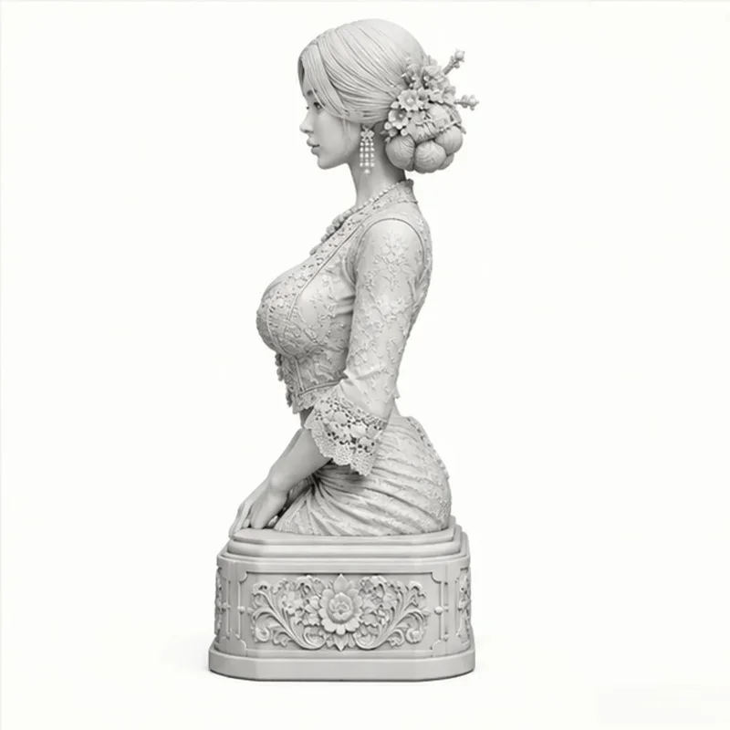Elegant Asian Woman Bust Statue Thai Lady Figurine Lace Top Pearl Necklace Flower Hairpin 3D Printed Home Decor Art Gift