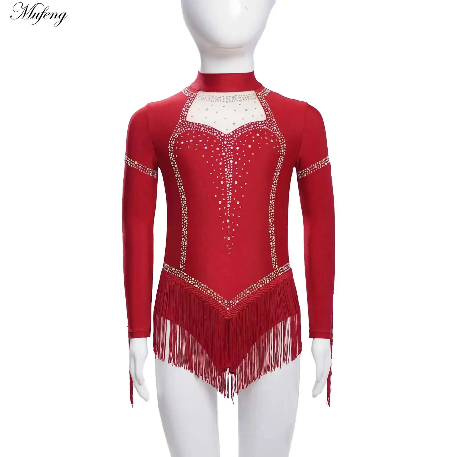 Robe justaucorps de danse lyrique pour enfants filles, en maille, manches longues, strass, franges, Costumes de spectacle de patinage artistique