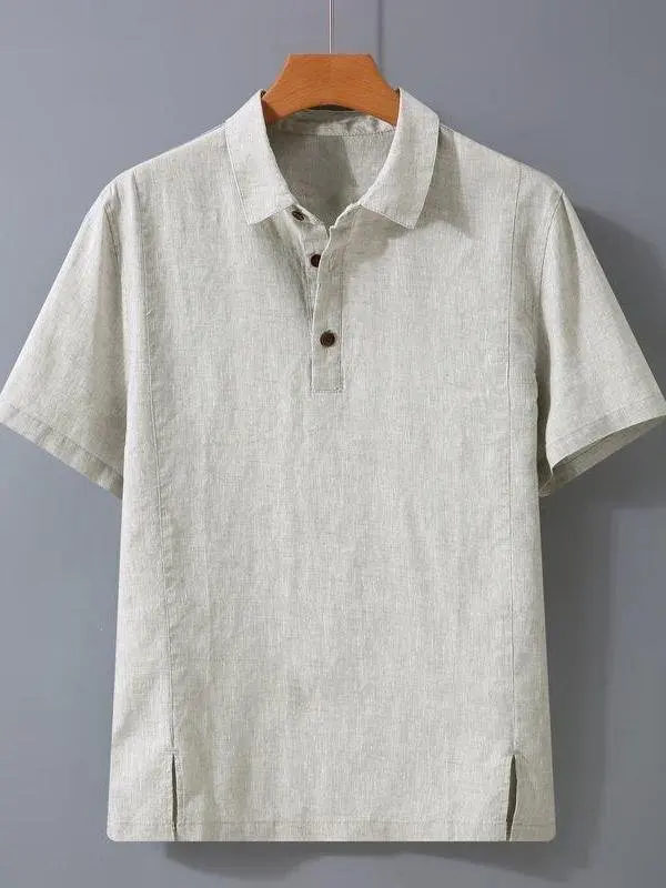 快適な綿麻メンズ半袖シャツ、多用途でおしゃれな夏のファッショナブルなカジュアル襟ピン付き、通気性抜群、新作2025